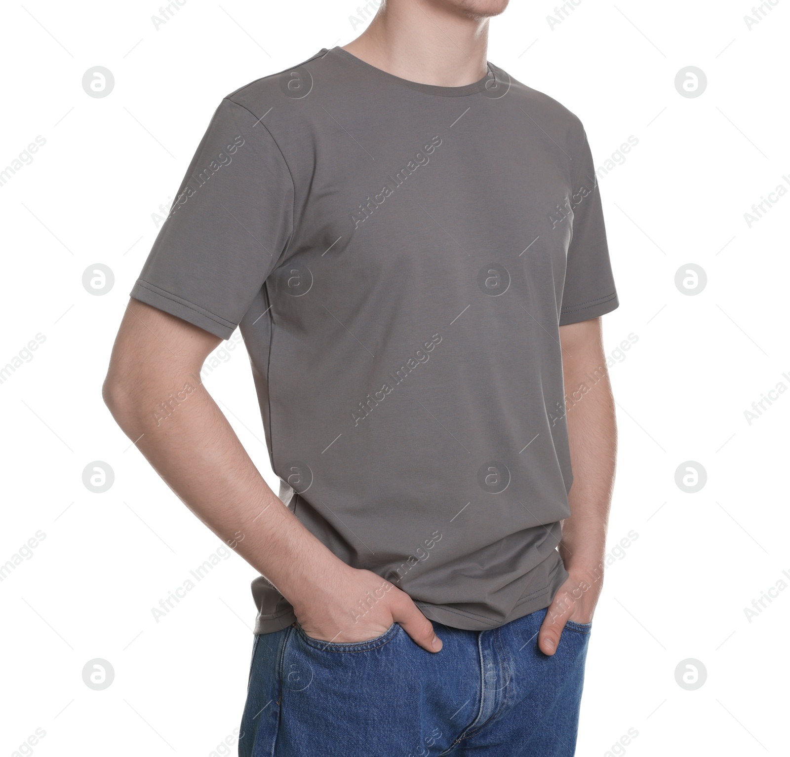 Photo of Man in stylish t-shirt on white background, closeup. Mockup for design