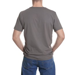 Photo of Man in stylish t-shirt on white background, back view. Mockup for design