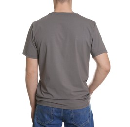 Photo of Man in stylish t-shirt on white background, back view. Mockup for design