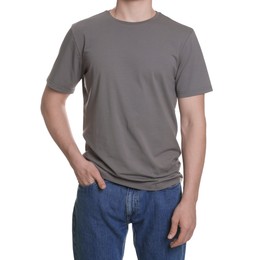 Photo of Man in stylish t-shirt on white background, closeup. Mockup for design