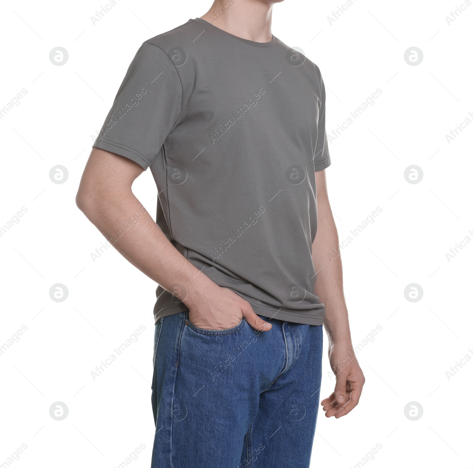 Photo of Man in stylish t-shirt on white background, closeup. Mockup for design