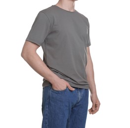 Photo of Man in stylish t-shirt on white background, closeup. Mockup for design