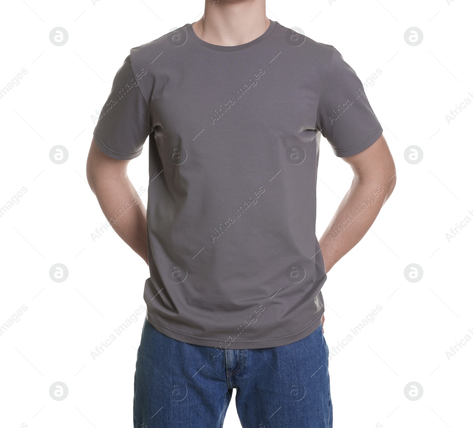 Photo of Man in stylish t-shirt on white background, closeup. Mockup for design