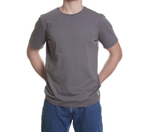 Photo of Man in stylish t-shirt on white background, closeup. Mockup for design