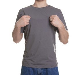 Photo of Man in stylish t-shirt on white background, closeup. Mockup for design