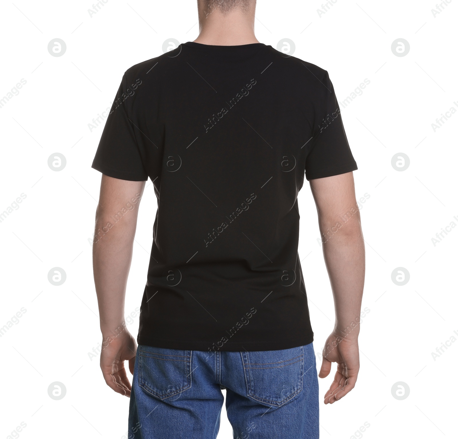 Photo of Man in stylish t-shirt on white background, back view. Mockup for design