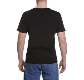 Photo of Man in stylish t-shirt on white background, back view. Mockup for design