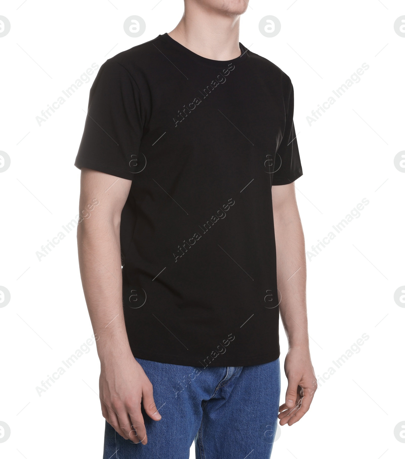 Photo of Man in stylish t-shirt on white background, closeup. Mockup for design