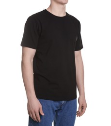 Photo of Man in stylish t-shirt on white background, closeup. Mockup for design