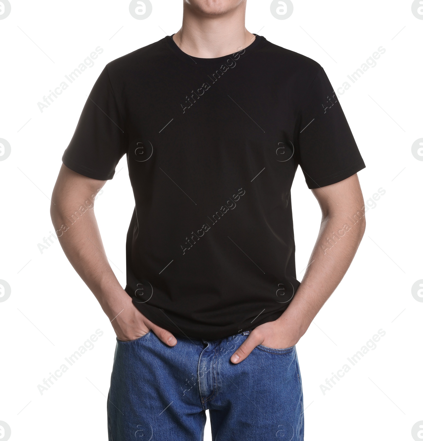 Photo of Man in stylish t-shirt on white background, closeup. Mockup for design