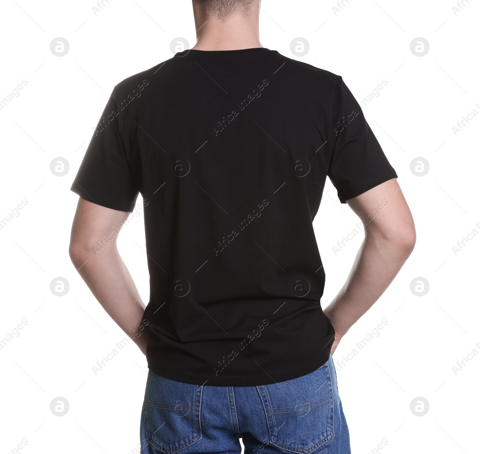 Photo of Man in stylish t-shirt on white background, back view. Mockup for design