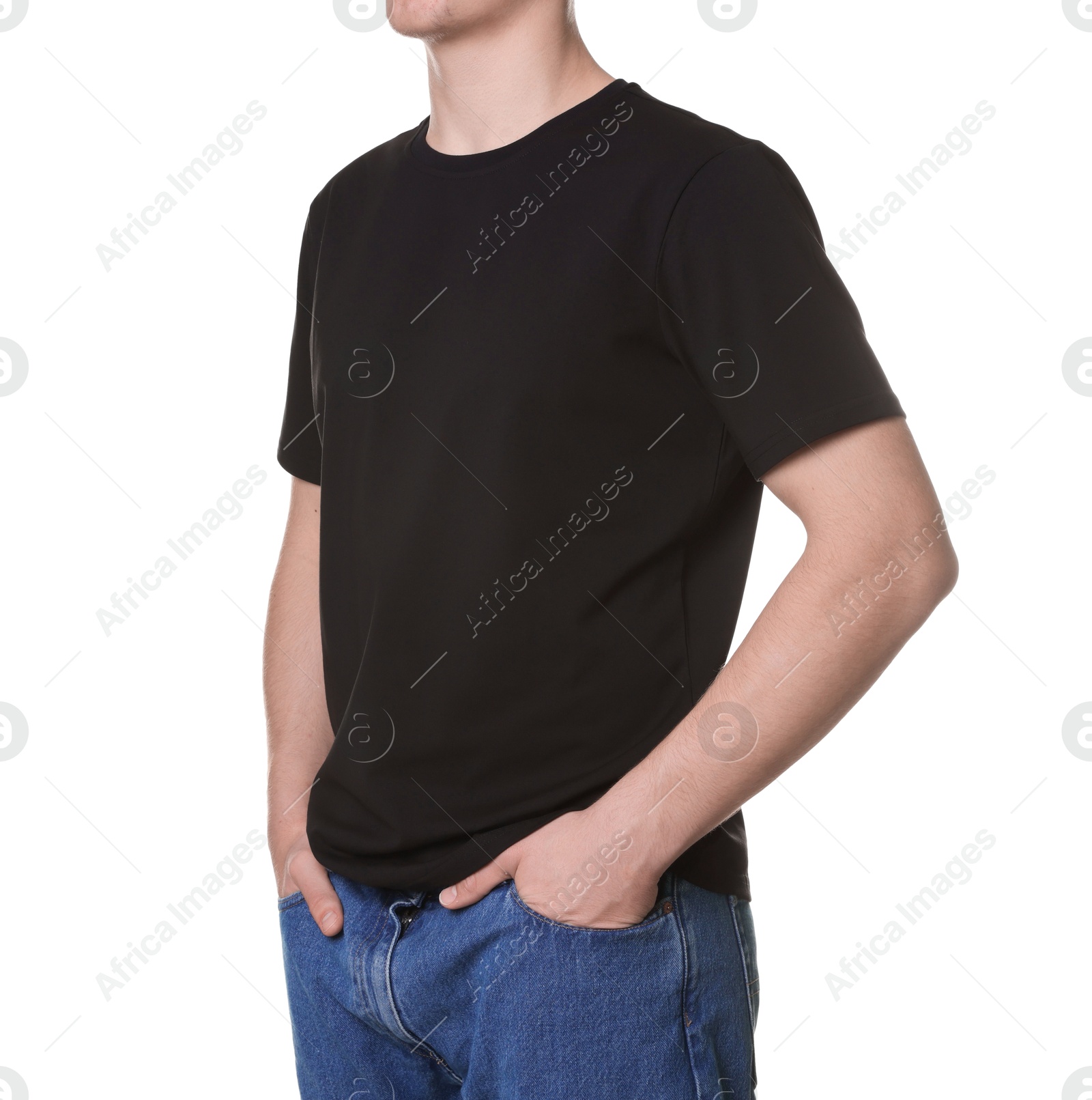 Photo of Man in stylish t-shirt on white background, closeup. Mockup for design