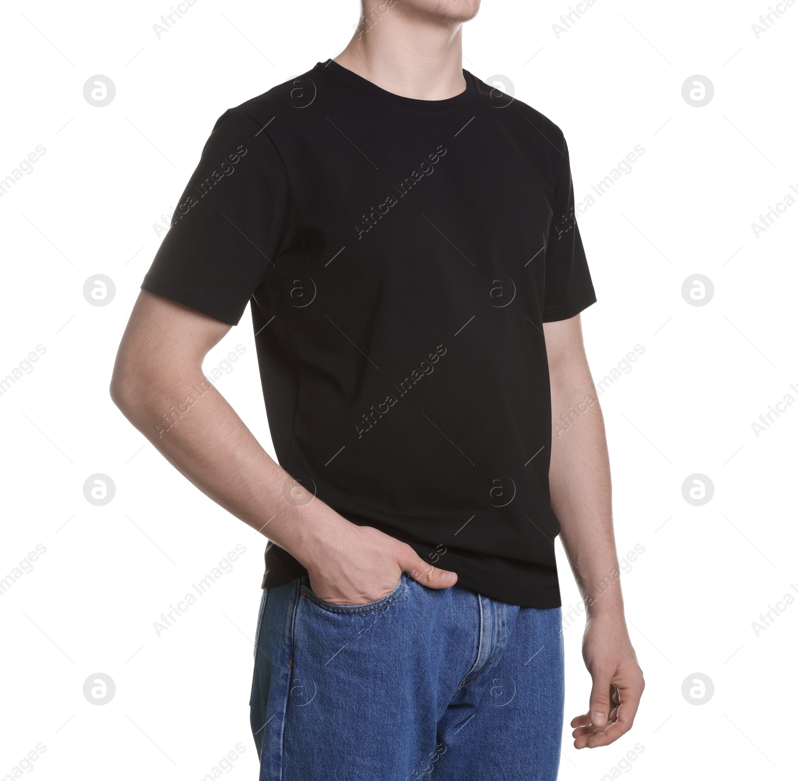 Photo of Man in stylish t-shirt on white background, closeup. Mockup for design