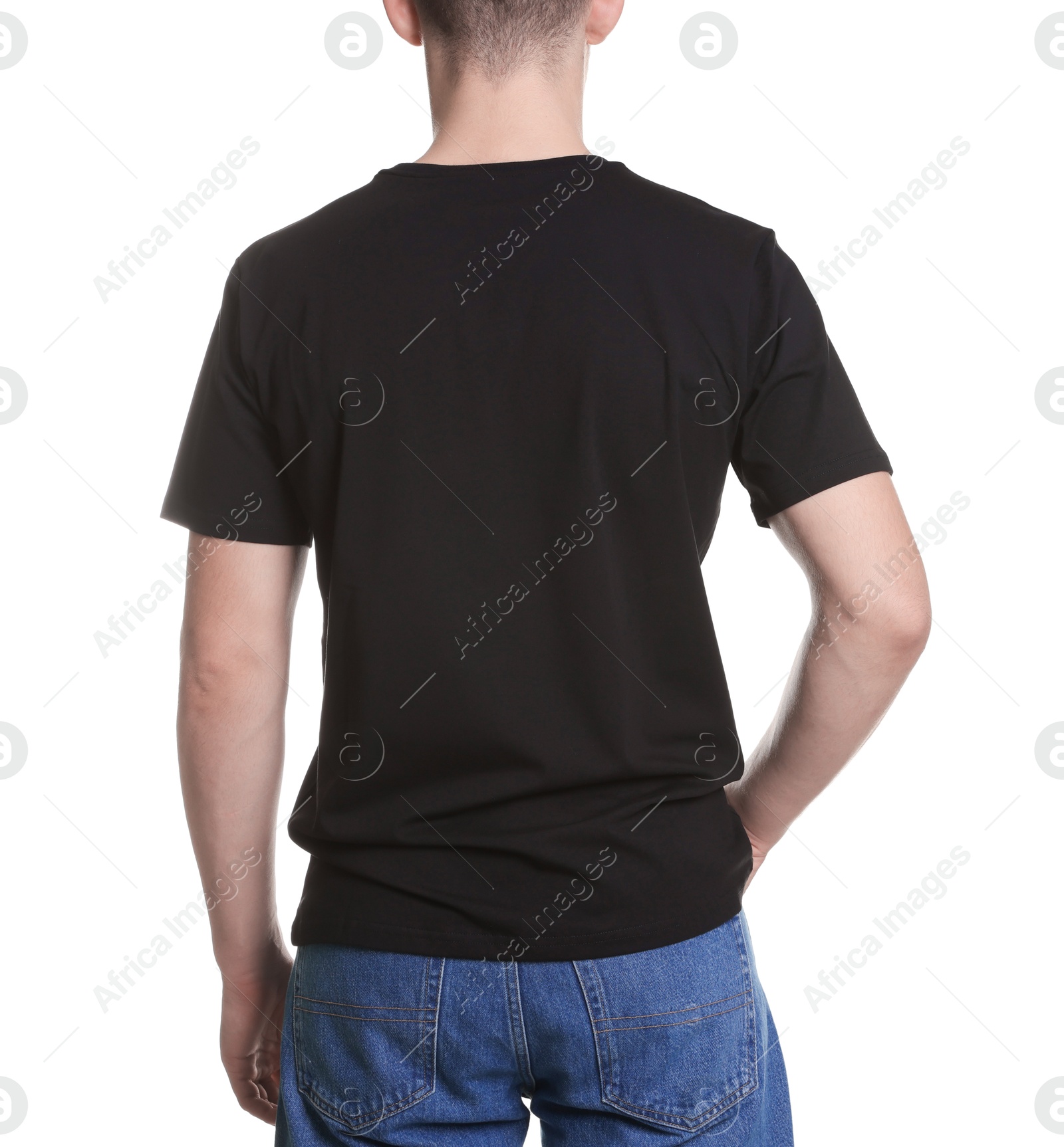 Photo of Man in stylish t-shirt on white background, back view. Mockup for design