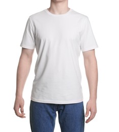 Photo of Man in stylish t-shirt on white background, closeup. Mockup for design