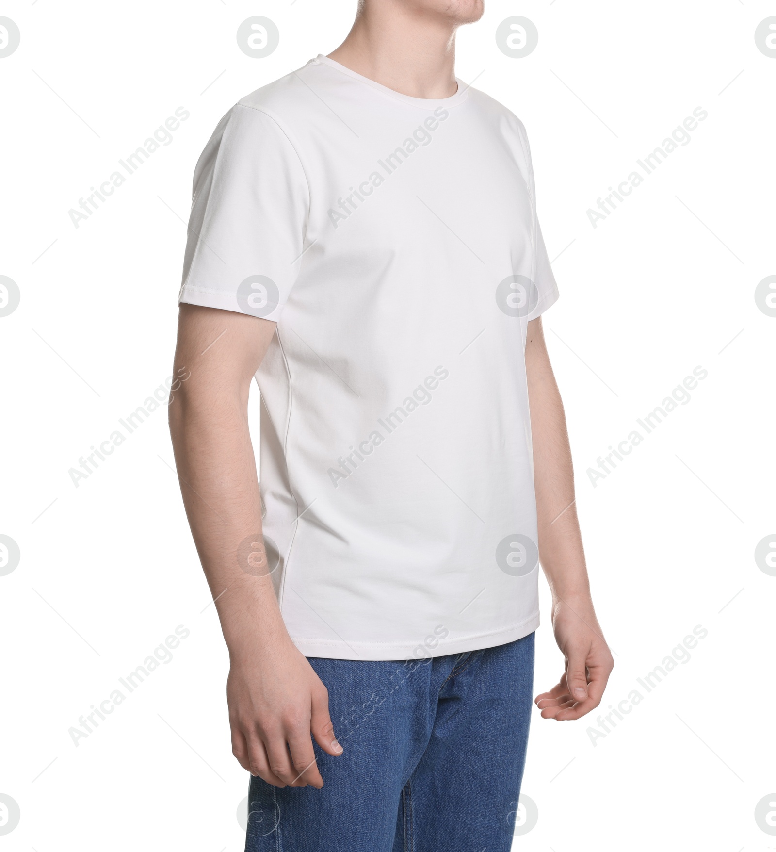 Photo of Man in stylish t-shirt on white background, closeup. Mockup for design