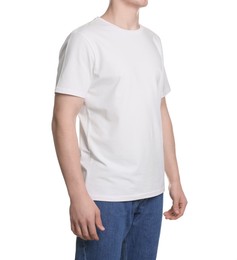 Photo of Man in stylish t-shirt on white background, closeup. Mockup for design