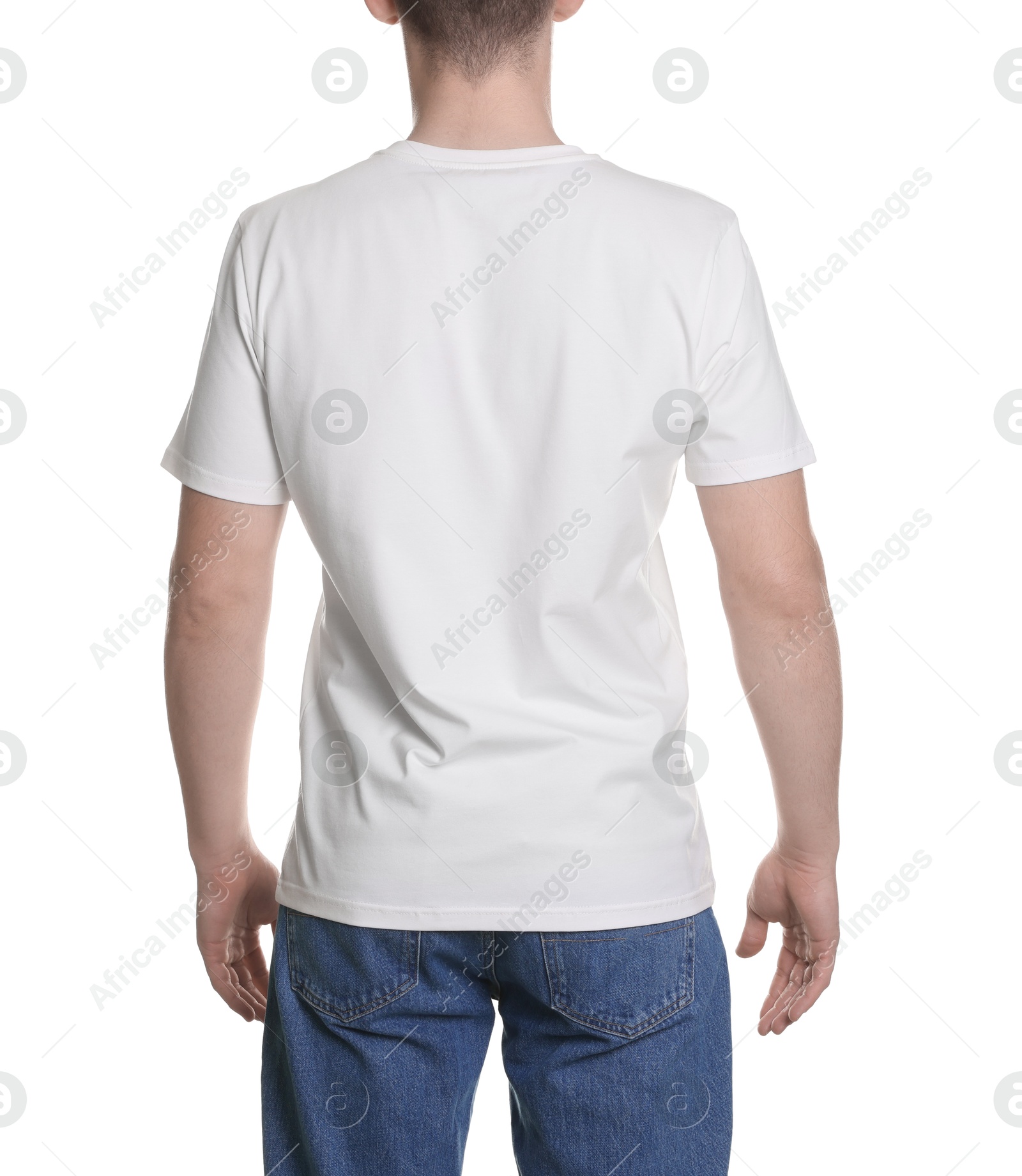 Photo of Man in stylish t-shirt on white background, back view. Mockup for design