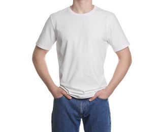 Photo of Man in stylish t-shirt on white background, closeup. Mockup for design