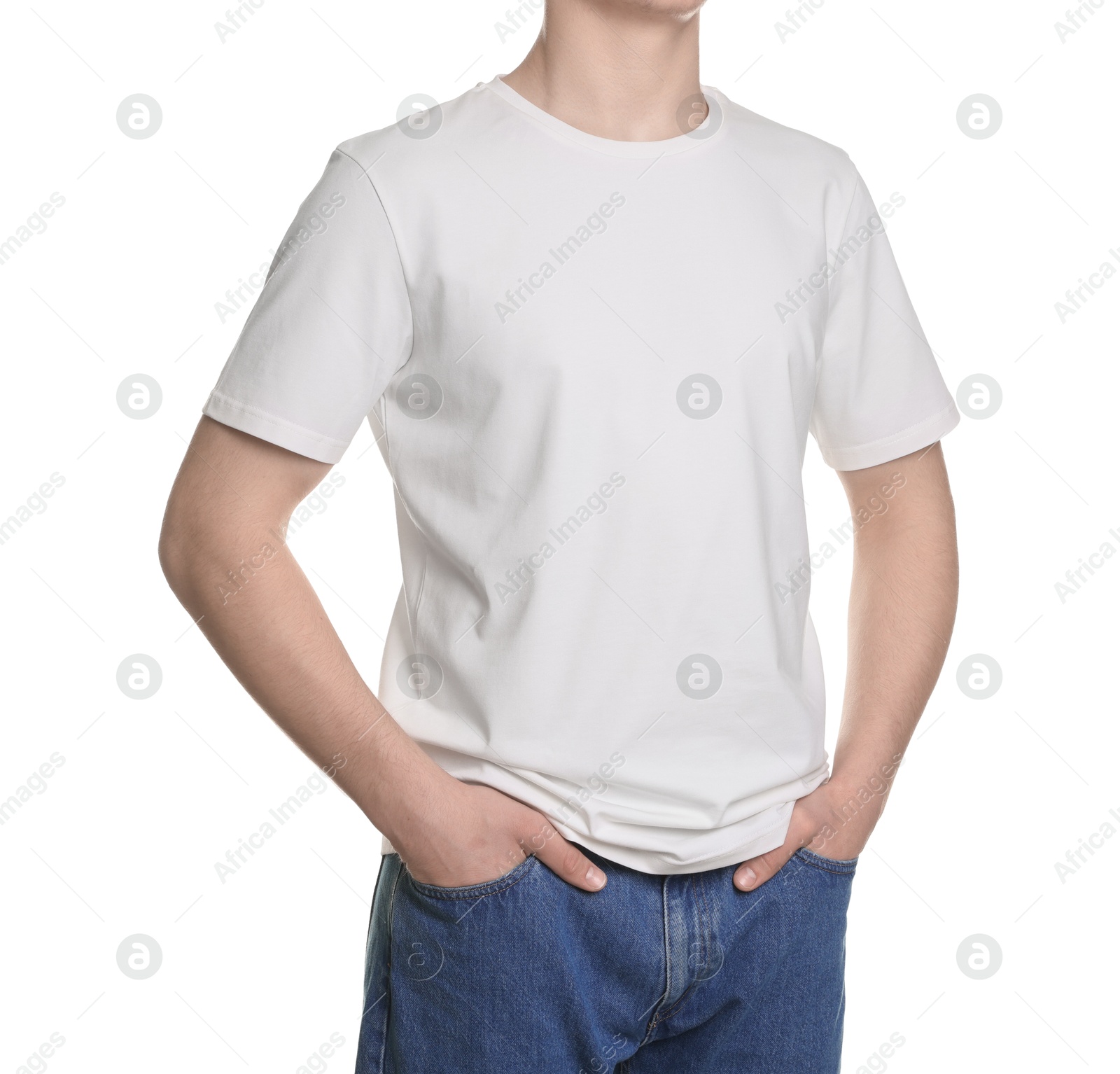 Photo of Man in stylish t-shirt on white background, closeup. Mockup for design