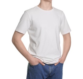 Photo of Man in stylish t-shirt on white background, closeup. Mockup for design