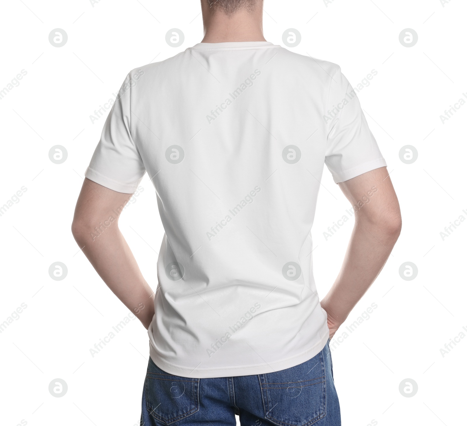 Photo of Man in stylish t-shirt on white background, back view. Mockup for design