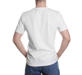 Photo of Man in stylish t-shirt on white background, back view. Mockup for design