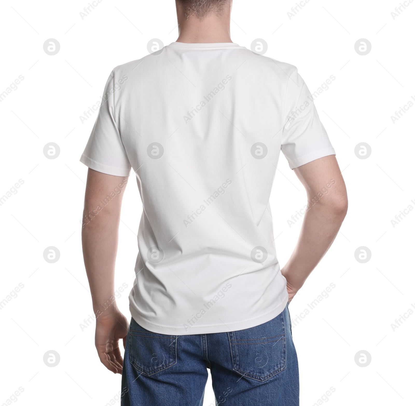 Photo of Man in stylish t-shirt on white background, back view. Mockup for design