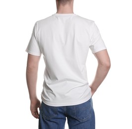 Photo of Man in stylish t-shirt on white background, back view. Mockup for design