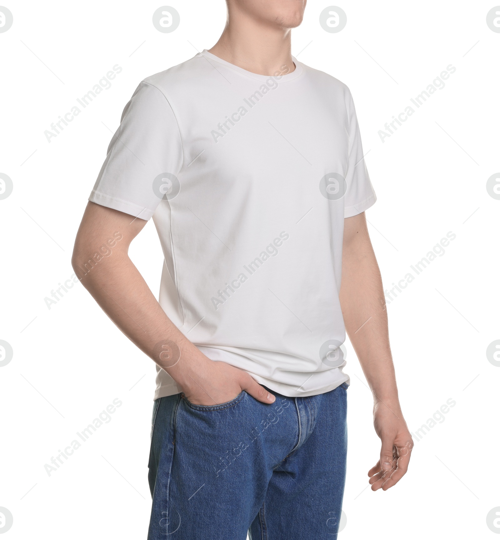 Photo of Man in stylish t-shirt on white background, closeup. Mockup for design