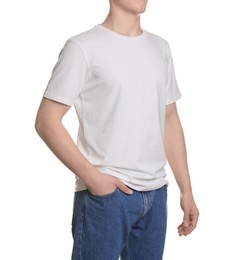 Photo of Man in stylish t-shirt on white background, closeup. Mockup for design