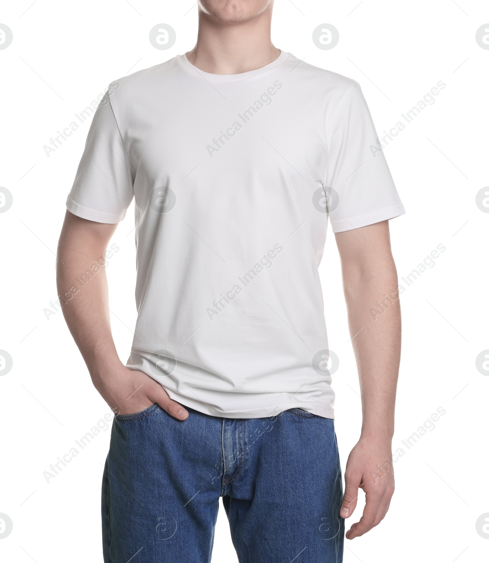 Photo of Man in stylish t-shirt on white background, closeup. Mockup for design