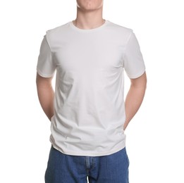 Photo of Man in stylish t-shirt on white background, closeup. Mockup for design