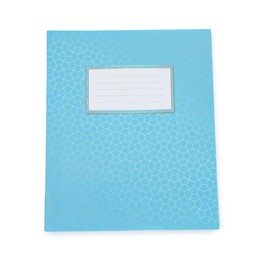 Photo of One blue copybook isolated on white, top view. School stationery