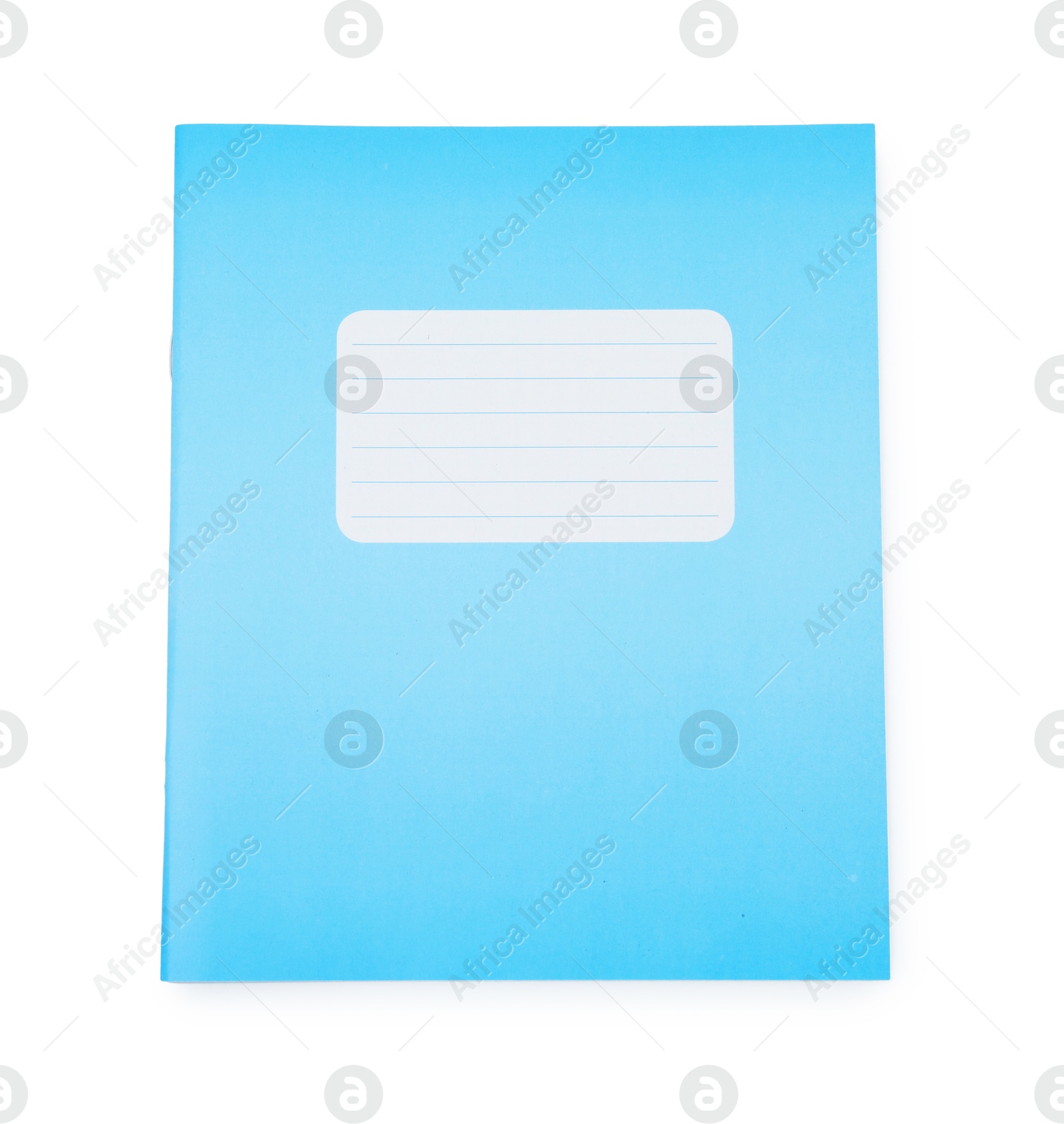 Photo of One blue copybook isolated on white, top view. School stationery