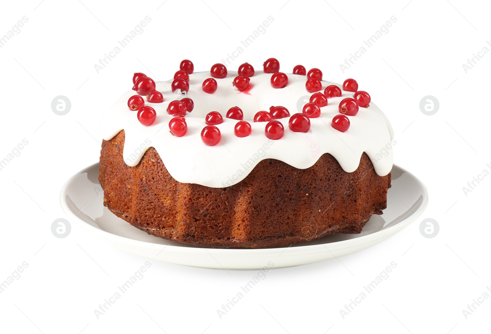 Photo of Tasty Christmas cake with red currants isolated on white