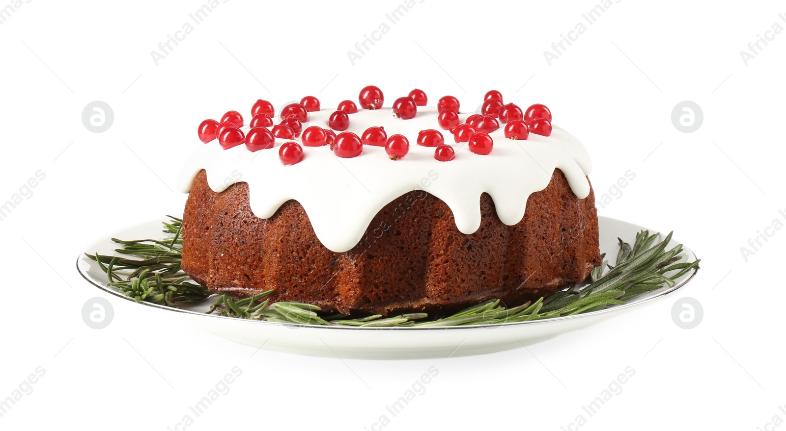 Photo of Tasty Christmas cake with red currants and rosemary isolated on white