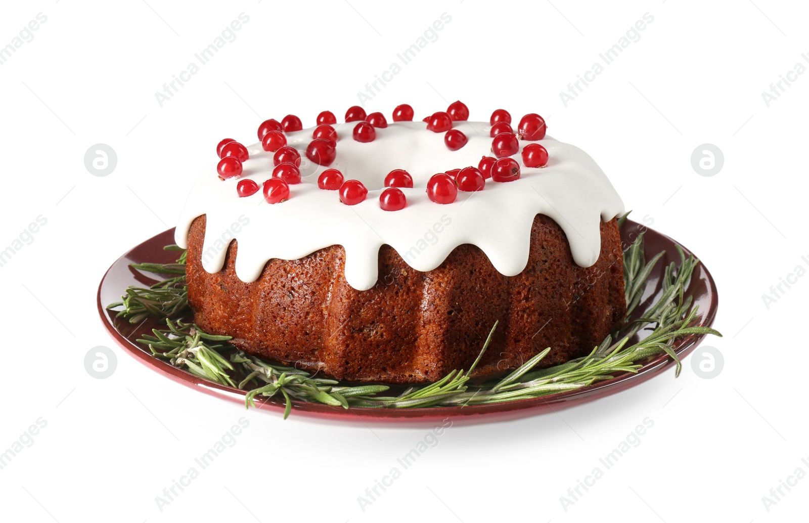 Photo of Tasty Christmas cake with red currants and rosemary isolated on white