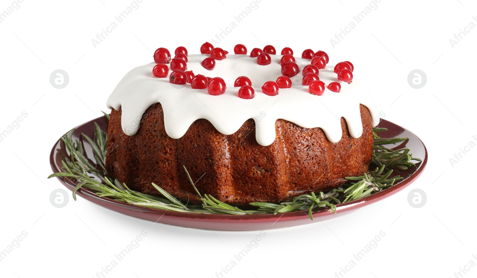 Photo of Tasty Christmas cake with red currants and rosemary isolated on white