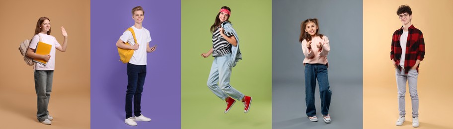 Image of Teenagers on different colors backgrounds. Collage of portraits