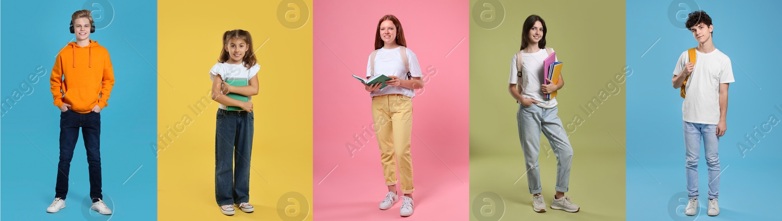 Image of Teenagers on different colors backgrounds. Collage of portraits