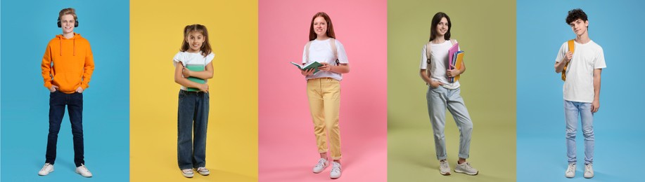 Image of Teenagers on different colors backgrounds. Collage of portraits