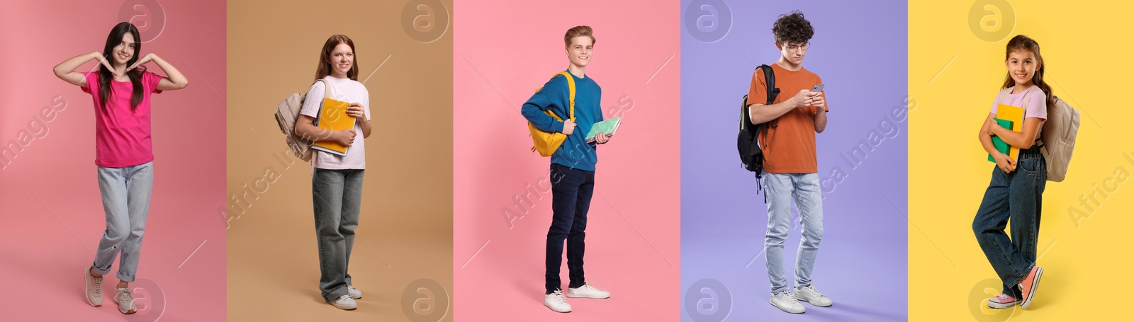 Image of Teenagers on different colors backgrounds. Collage of portraits