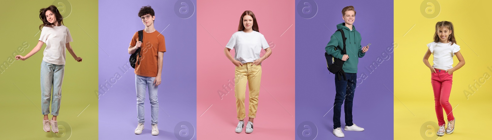 Image of Teenagers on different colors backgrounds. Collage of portraits