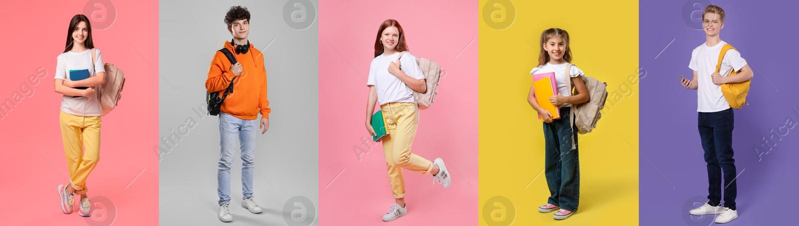 Image of Teenagers on different colors backgrounds. Collage of portraits