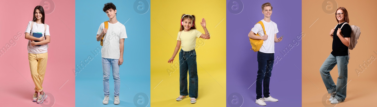 Image of Teenagers on different colors backgrounds. Collage of portraits