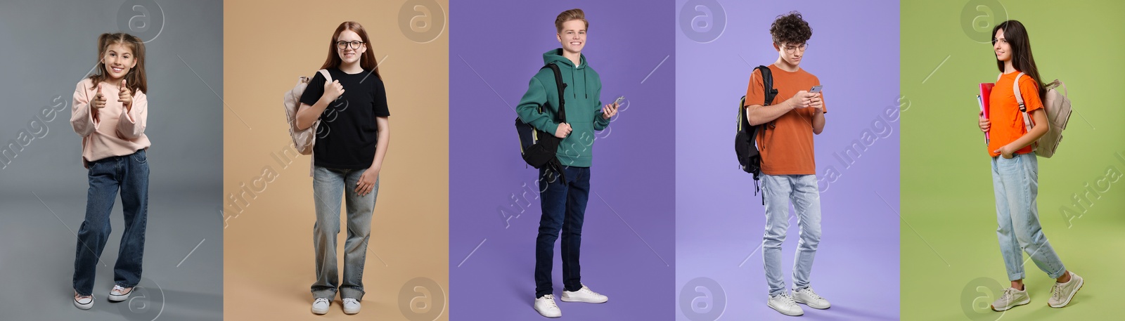 Image of Teenagers on different colors backgrounds. Collage of portraits