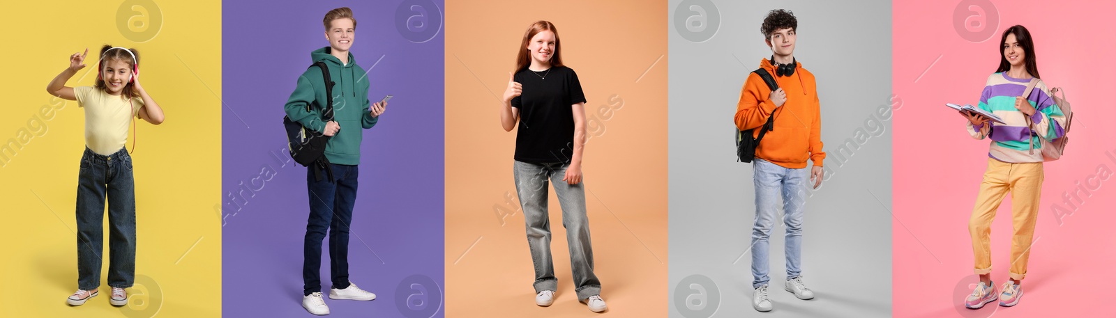 Image of Teenagers on different colors backgrounds. Collage of portraits