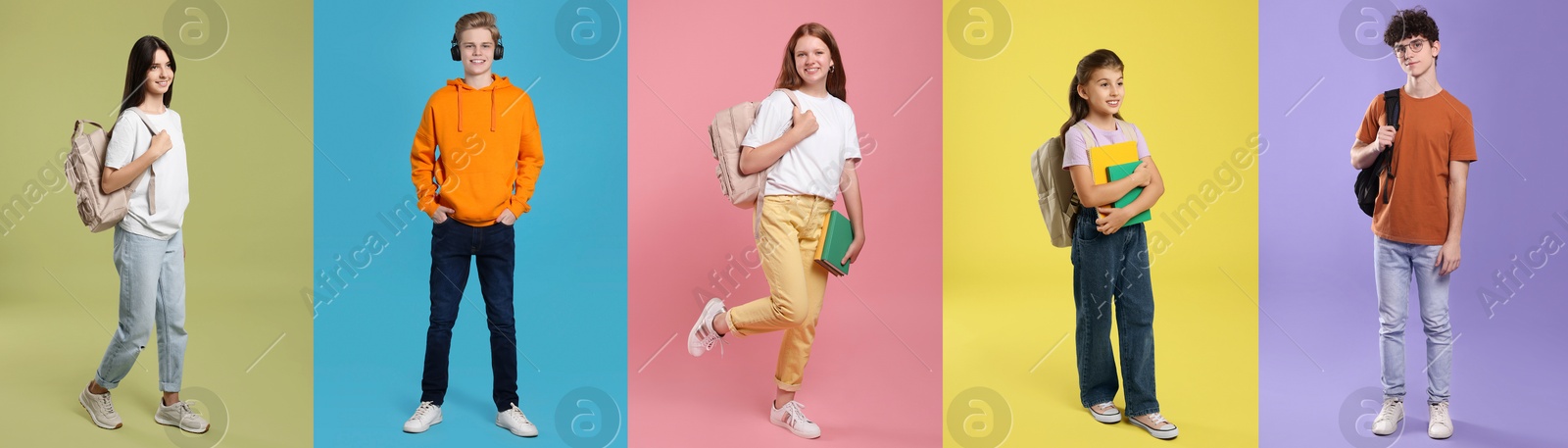 Image of Teenagers on different colors backgrounds. Collage of portraits