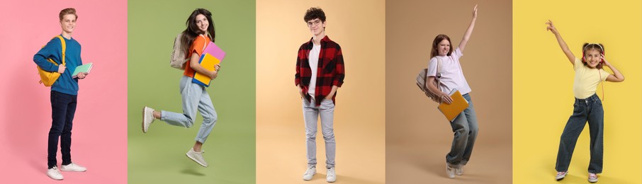 Image of Teenagers on different colors backgrounds. Collage of portraits